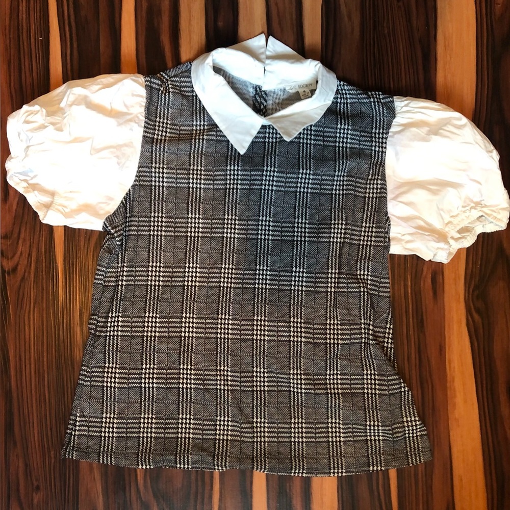 Poof Short Sleeves Plaid Sailor School Girl Top, S.C. SOCIETY, Size Medium, NWOT